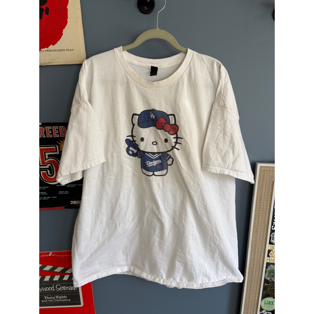 Los Angeles Dodgers Hello Kitty Graphic T-Shirt White Heavy Cotton 3XL MLB